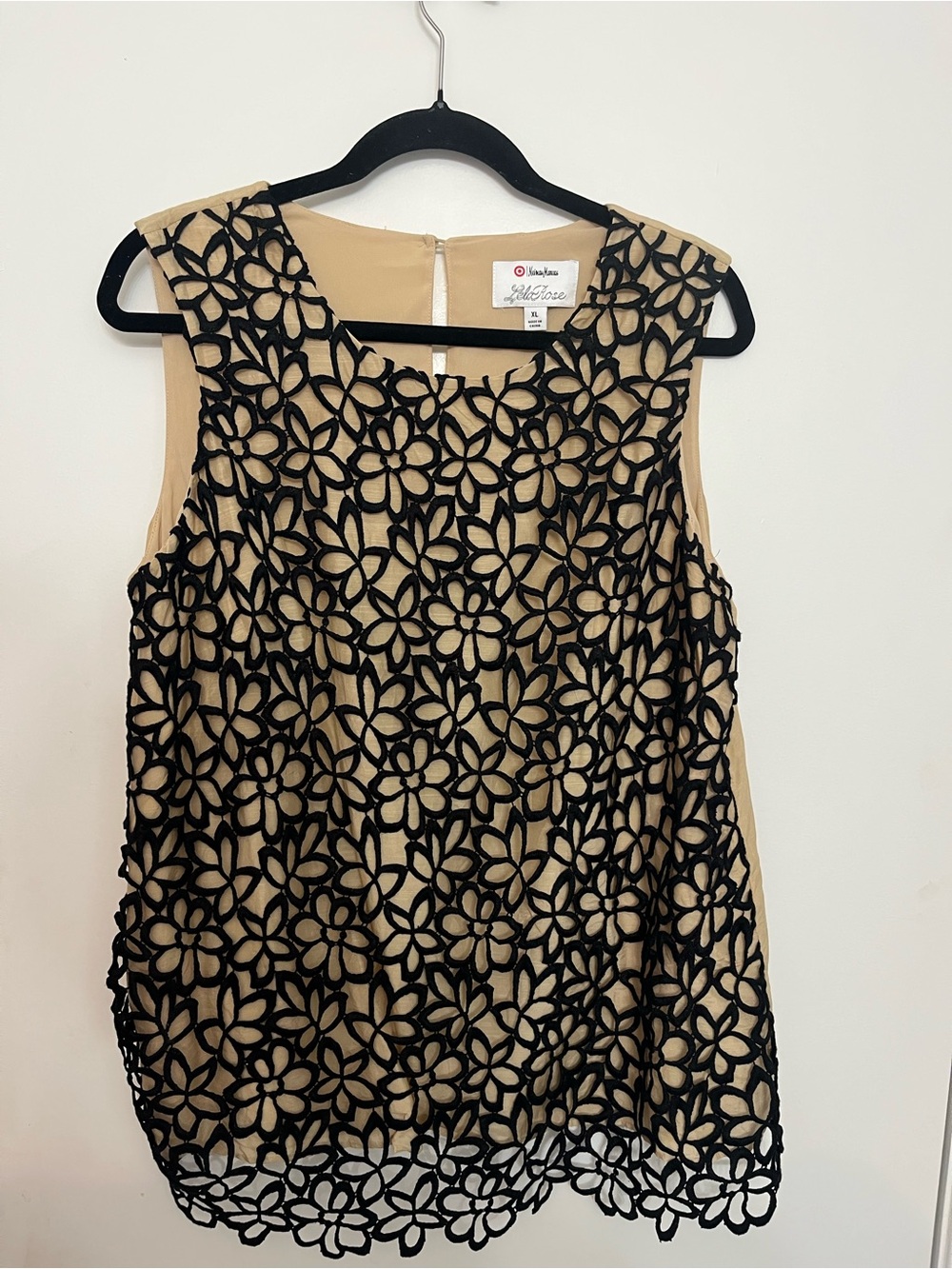 Lela Rose Target Neiman Marcus Black Floral Embroidered Nude Shell Top